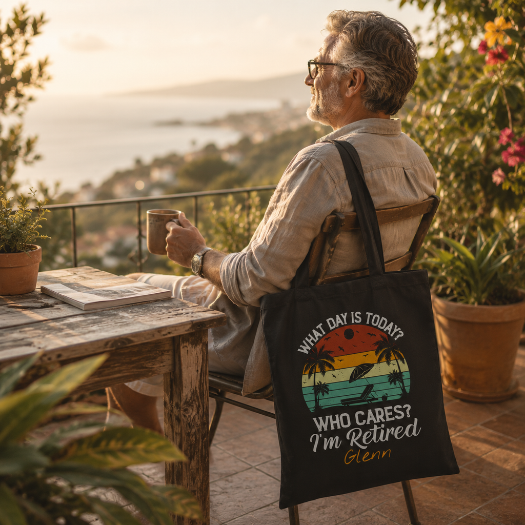 Personalized retirement tote bag shown worn on shoulder, lifestyle photo