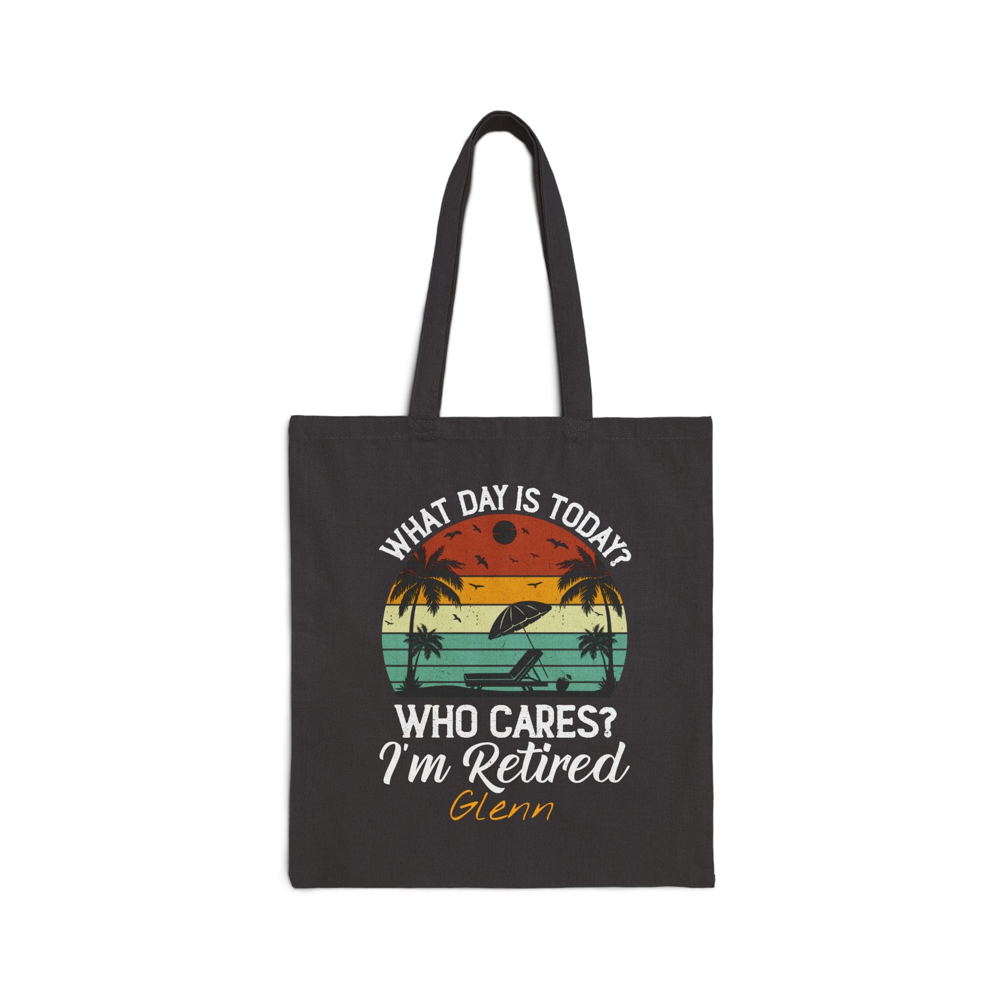 Personalized retirement canvas tote bag with custom name, beach sunset design
