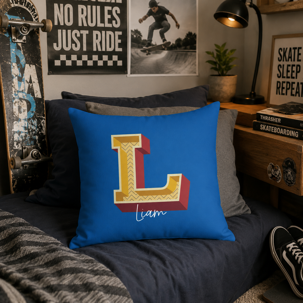 Initial L pillow for him front view blue background with name in script