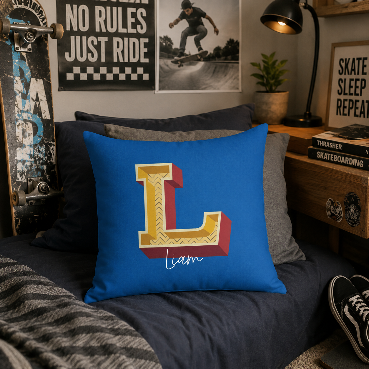 Initial L pillow for him front view blue background with name in script