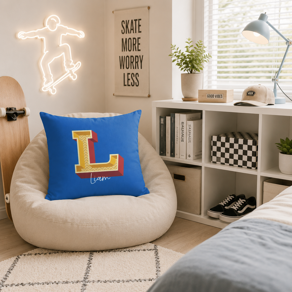 Personalized L pillow for him lifestyle shot in bedroom