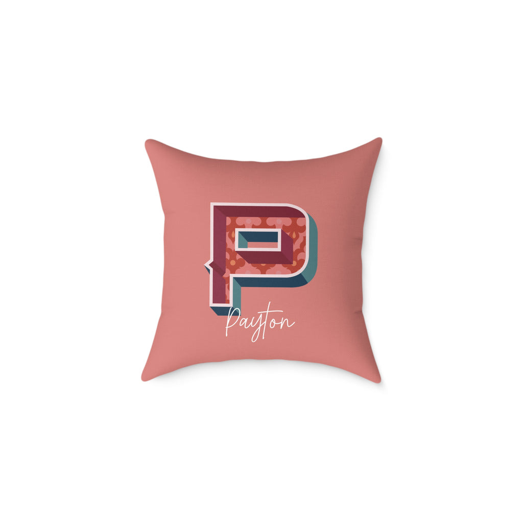 Personalized initial P pillow for her – bold retro letter on warm rose canvas