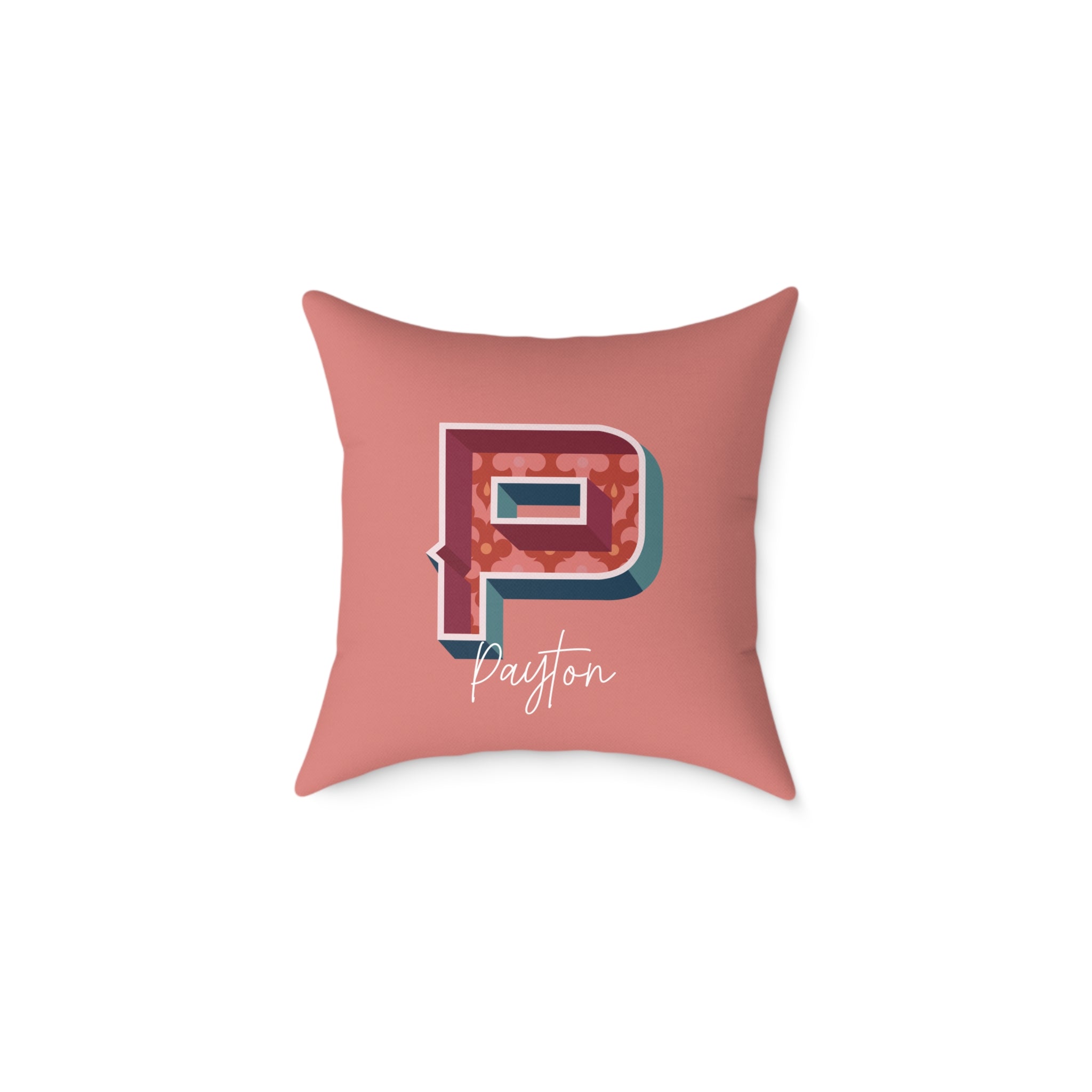 Personalized initial P pillow for her – bold retro letter on warm rose canvas