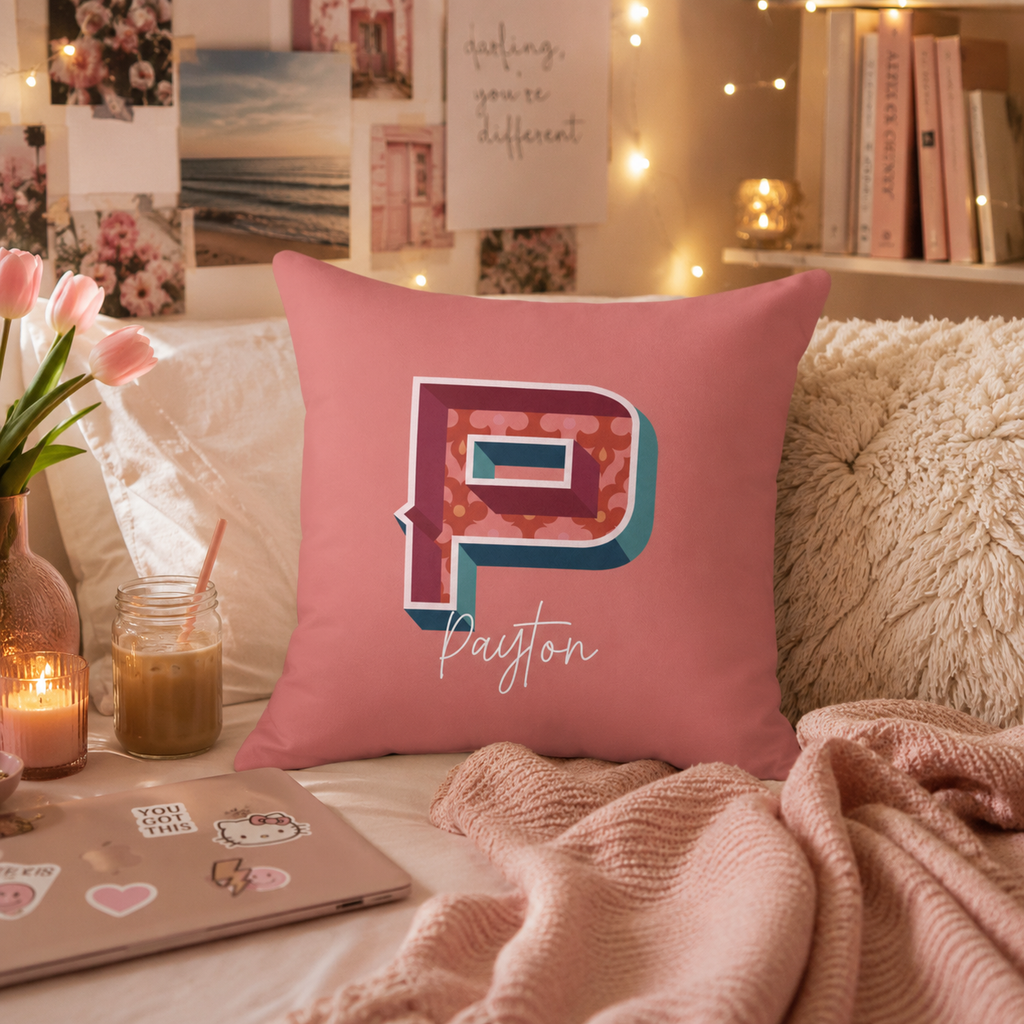 Initial P pillow for her – front view on couch