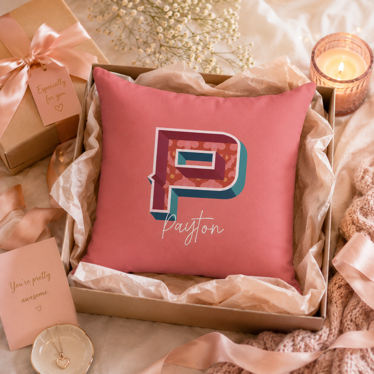 Close-up of retro P initial with burgundy and teal pattern