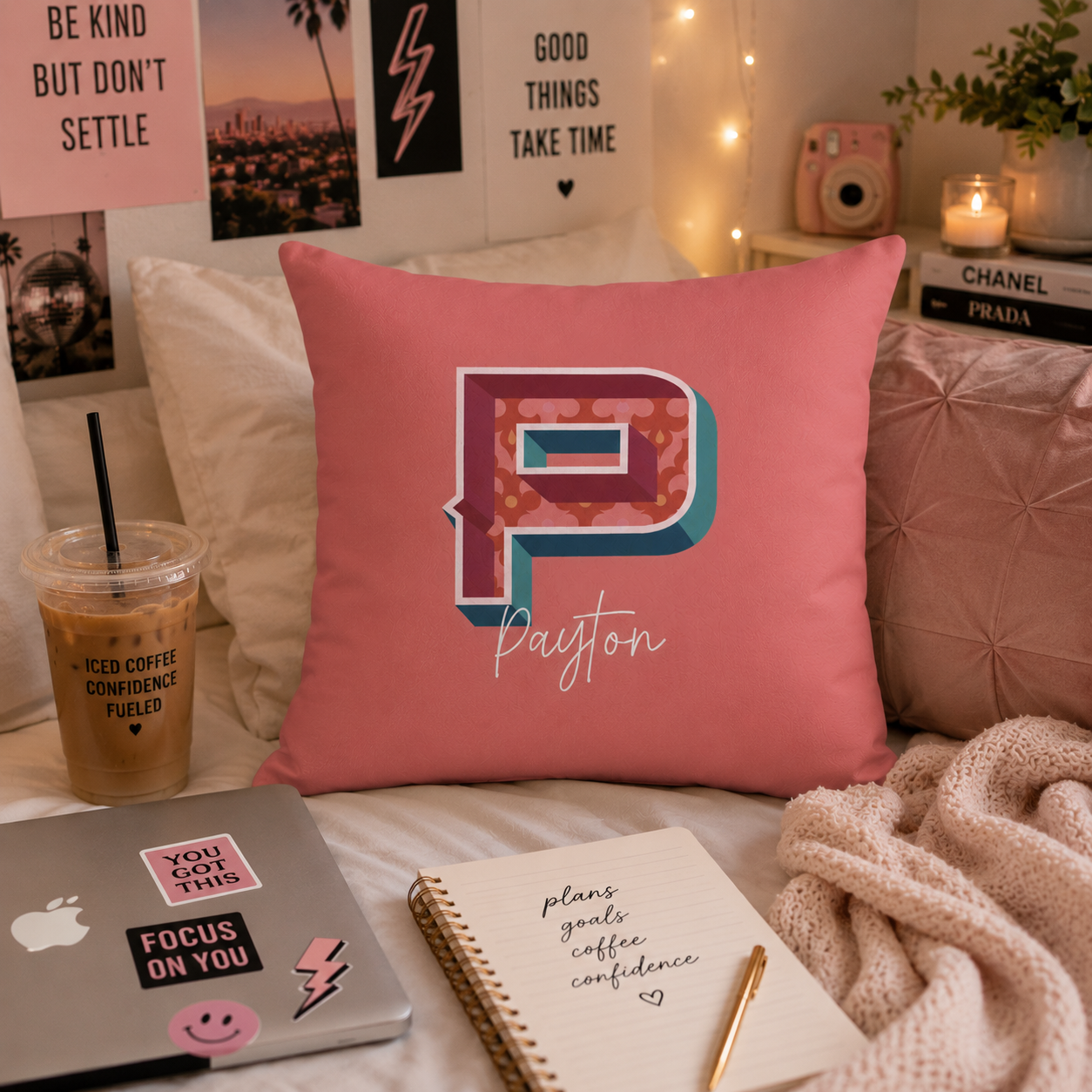 Personalized P pillow for her – lifestyle shot in bedroom