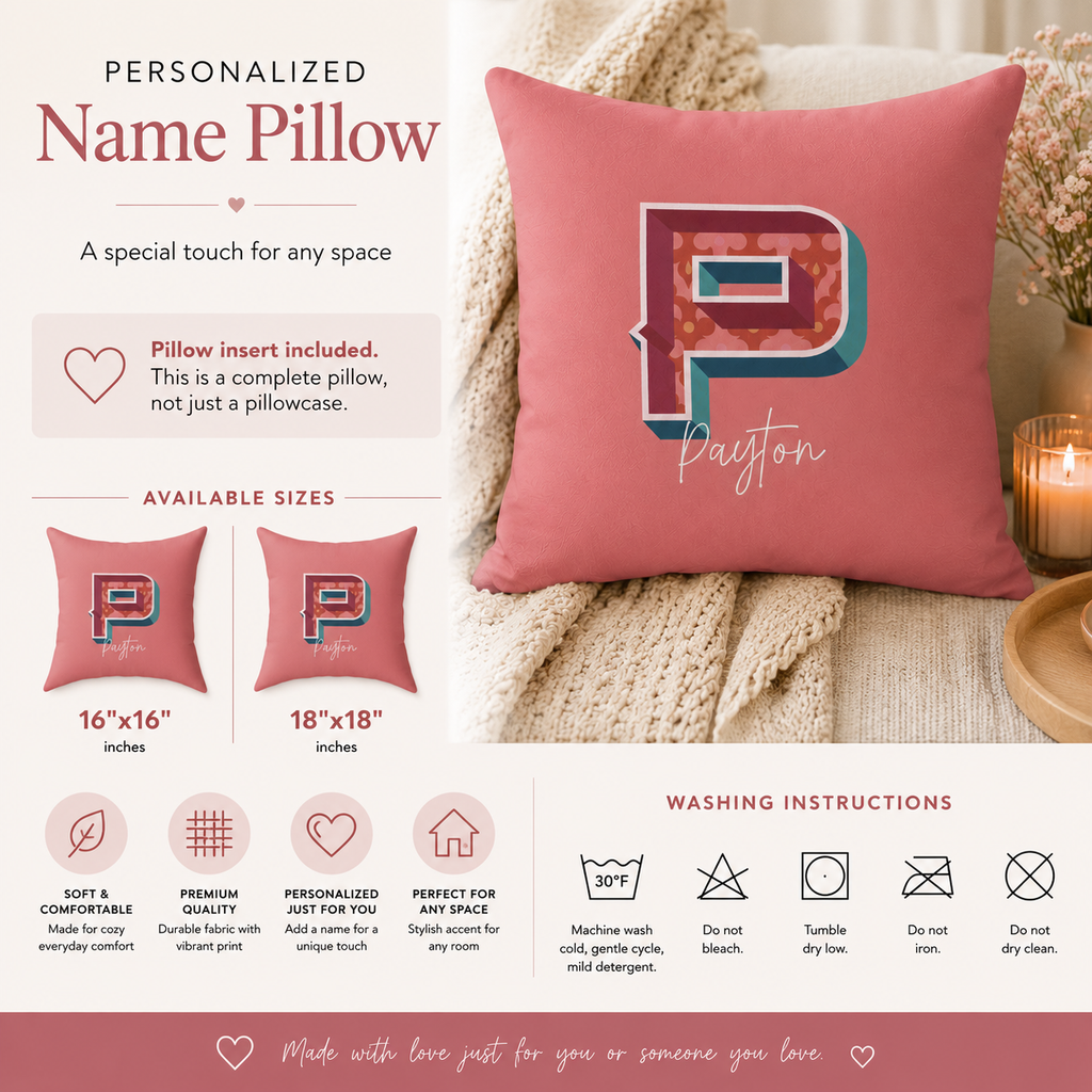 Custom name P pillow for her script detail