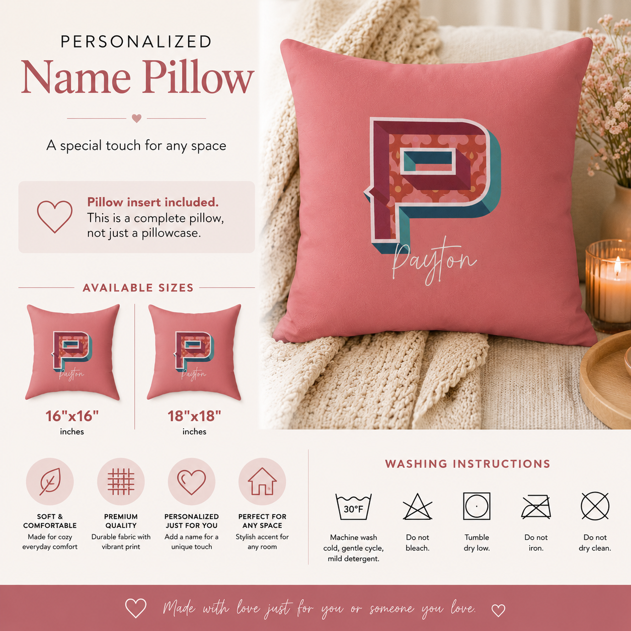 Custom name P pillow for her script detail