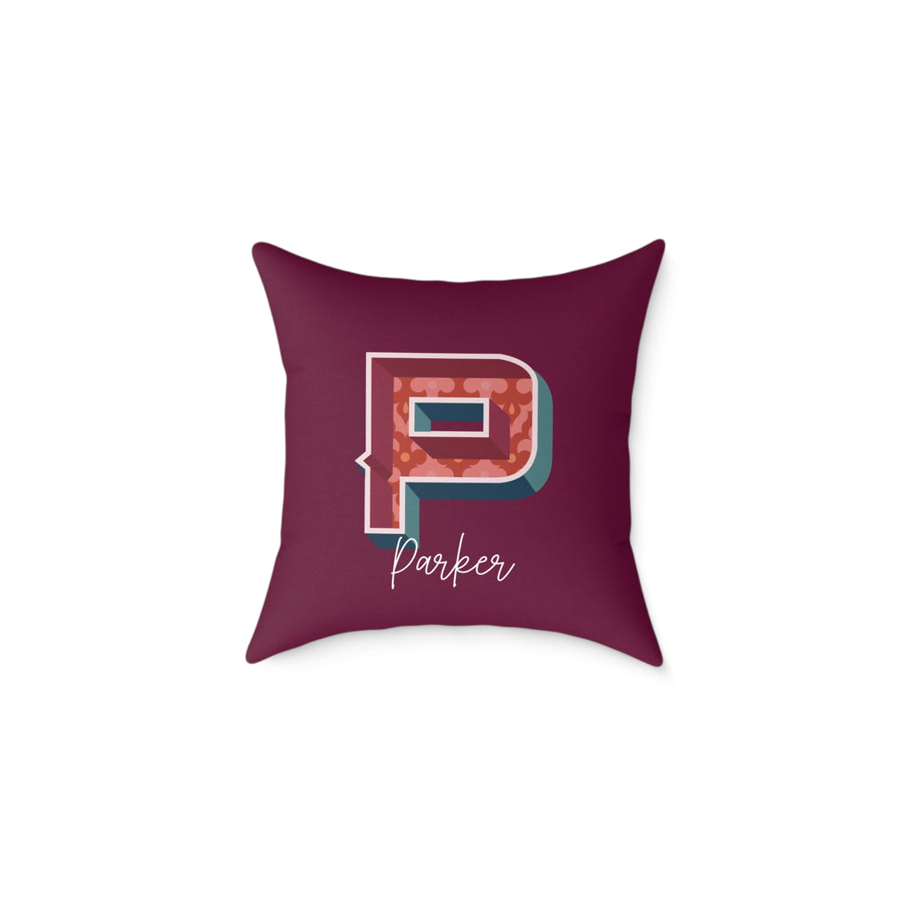 Personalized initial P pillow for him – bold retro letter on dark canvas