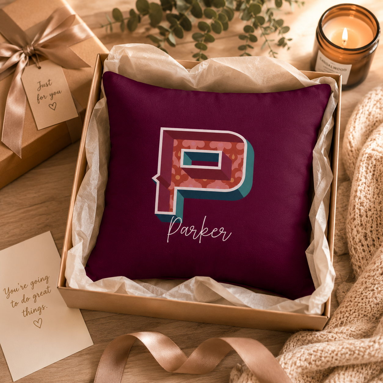 Close-up of retro P initial with gold and crimson pattern