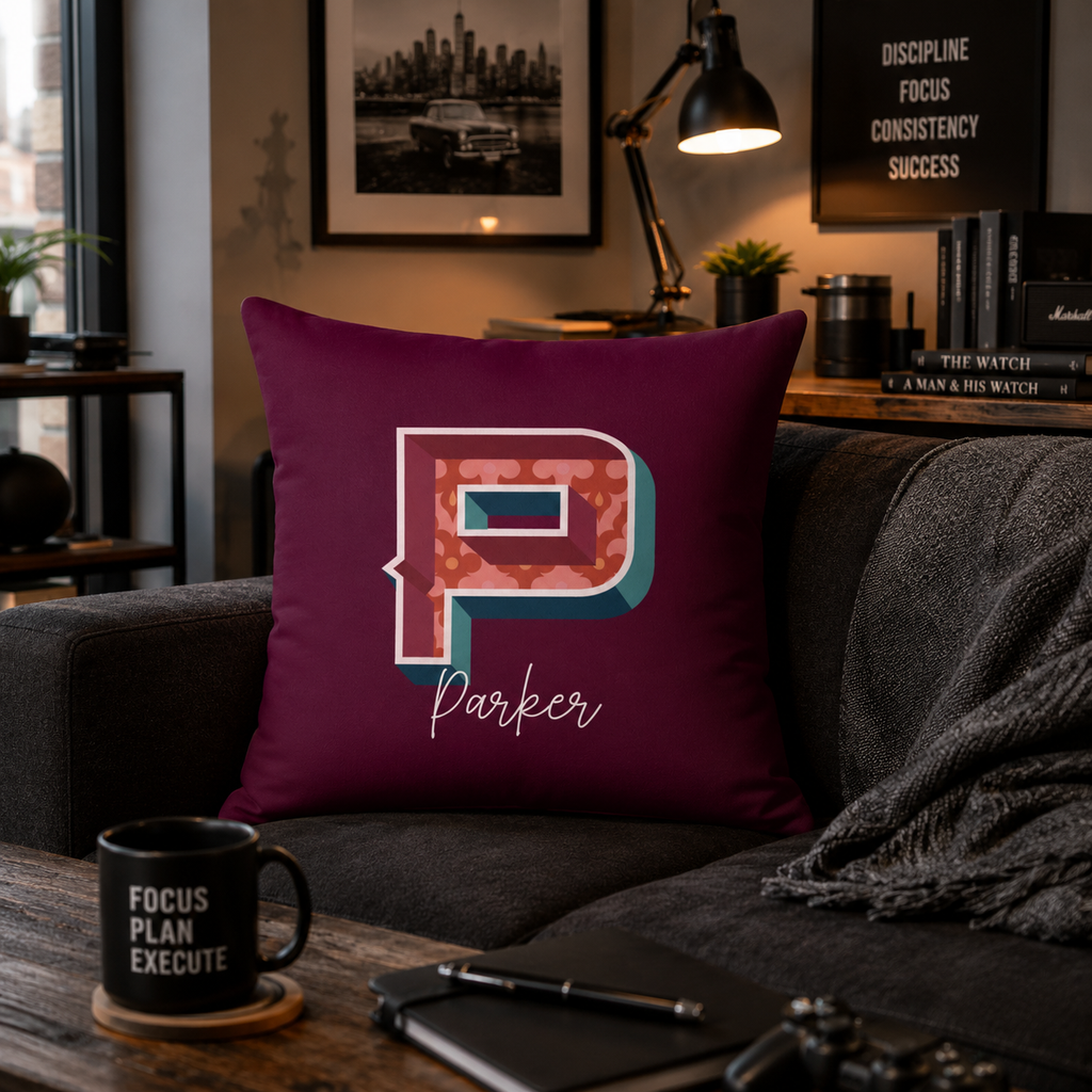 Personalized P pillow for him – lifestyle shot in bedroom