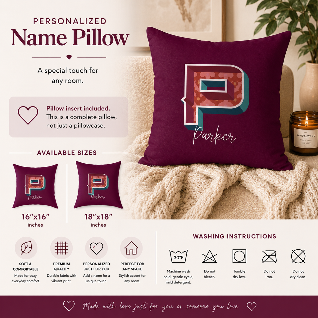 Custom name P pillow – script name detail shot