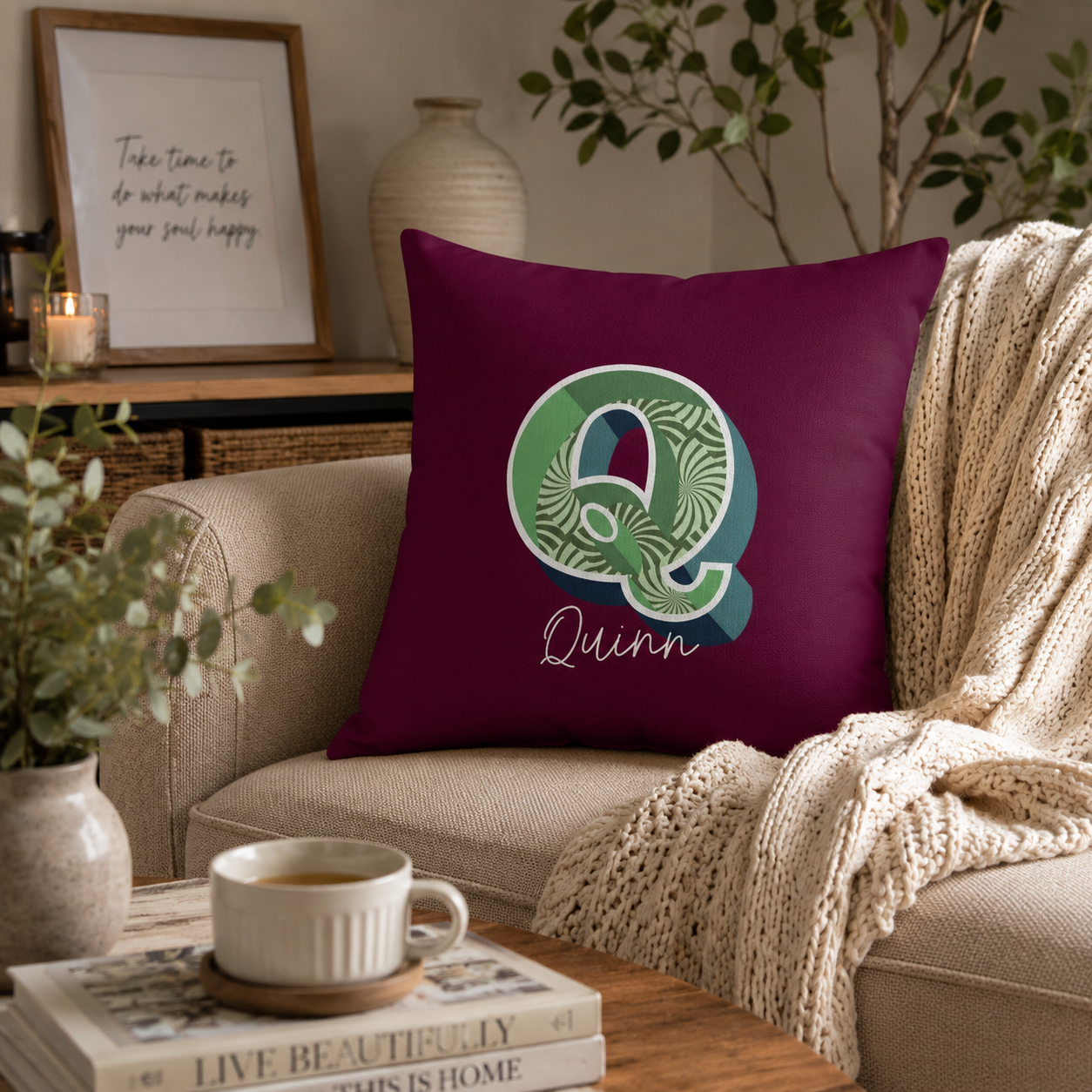 Initial Q pillow for her front view rose background with name in script