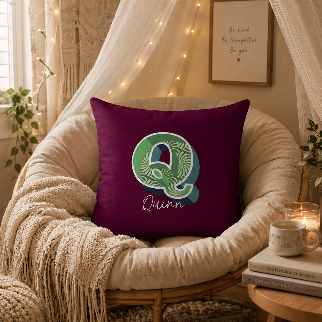 Personalized Q pillow for her lifestyle shot in bedroom