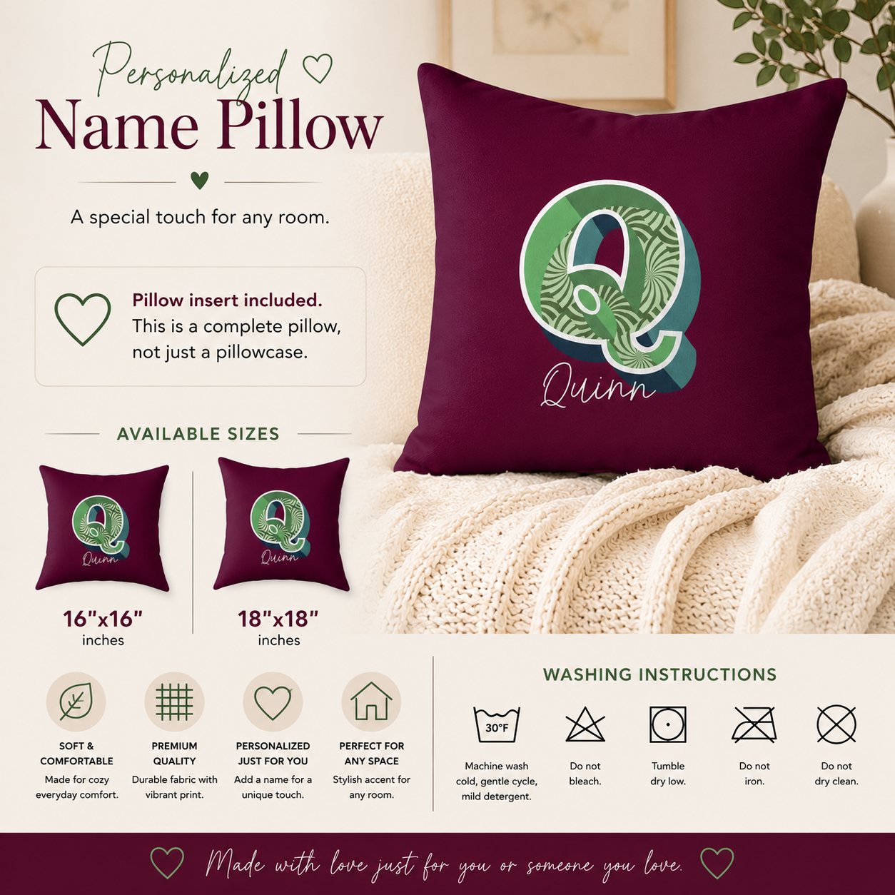 Custom name Q pillow for her script name detail shot