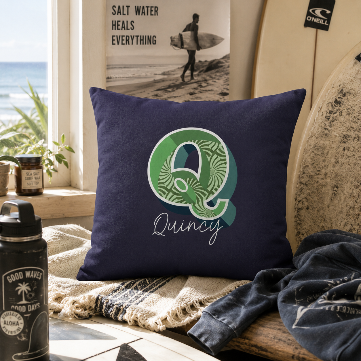 Initial Q pillow for him – front view dark background with name in script
