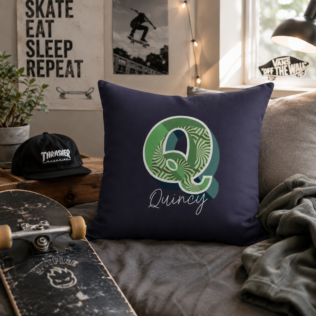Personalized Q pillow for him lifestyle shot in bedroom