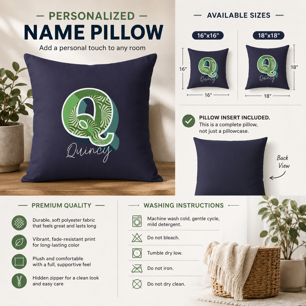 Custom name Q pillow for him script name detail shot