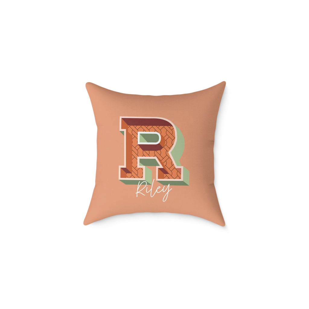 Personalized initial R pillow for her bold retro letter on warm rose canvas