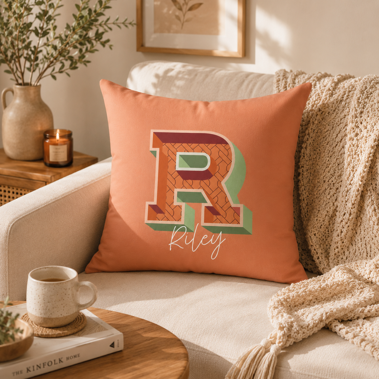 Initial R pillow for her front view rose background