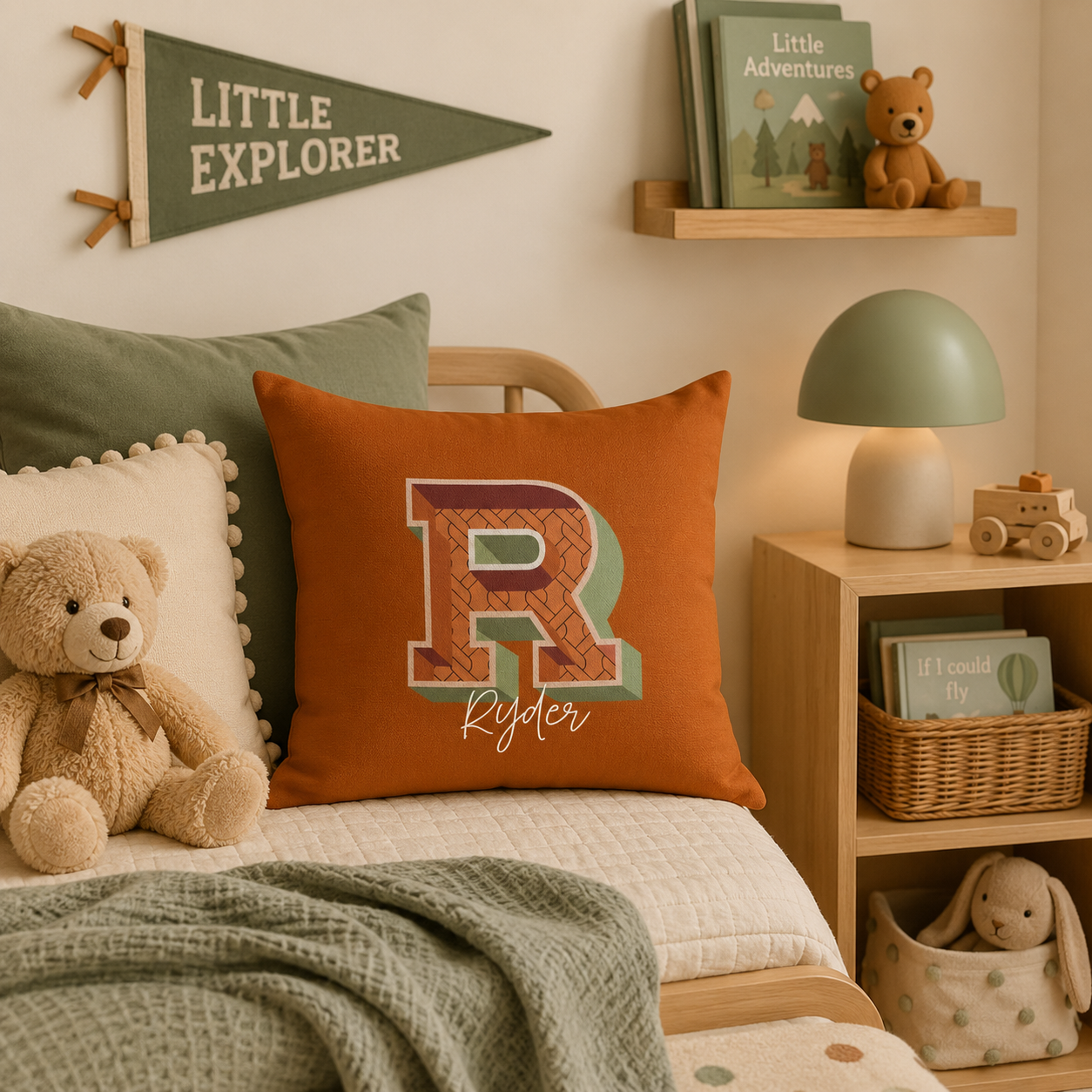 Initial R pillow for him front view dark background with name in script