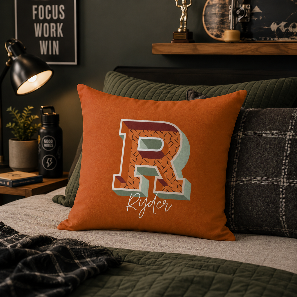 Personalized R pillow for him lifestyle shot in bedroom