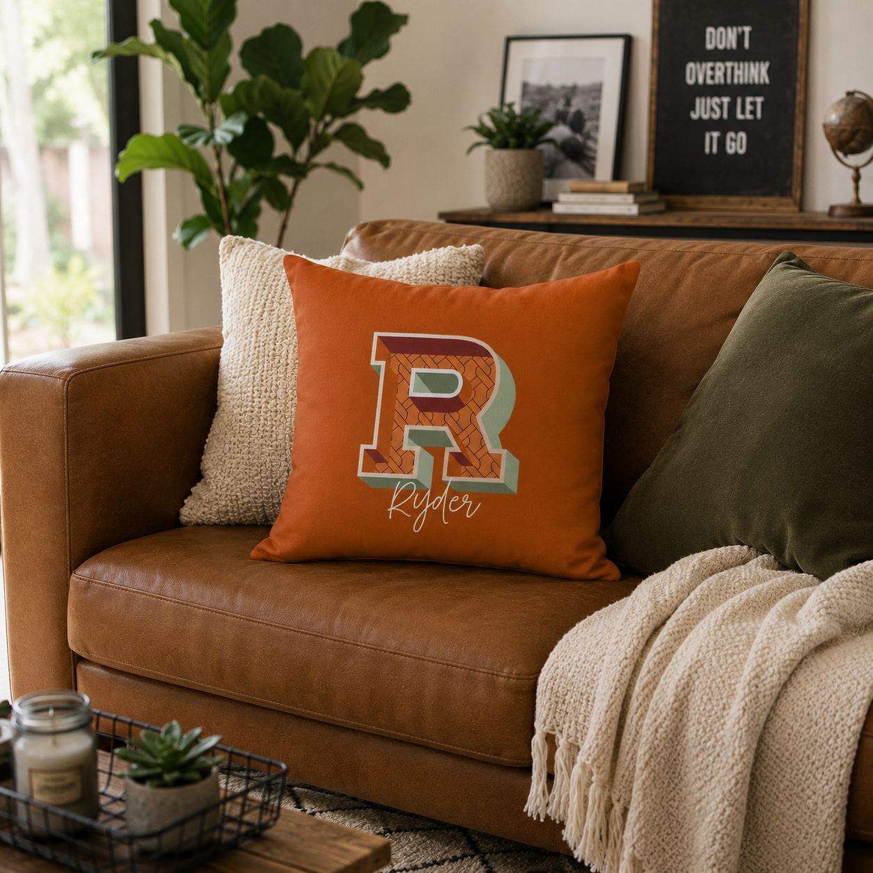 Initial R pillow for him size comparison 16 and 18 inch