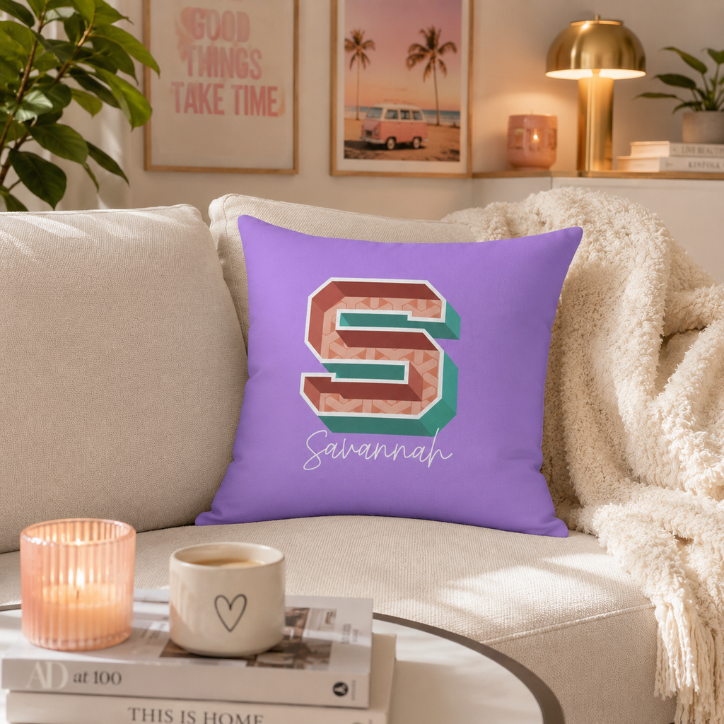 Initial S pillow for her front view rose background