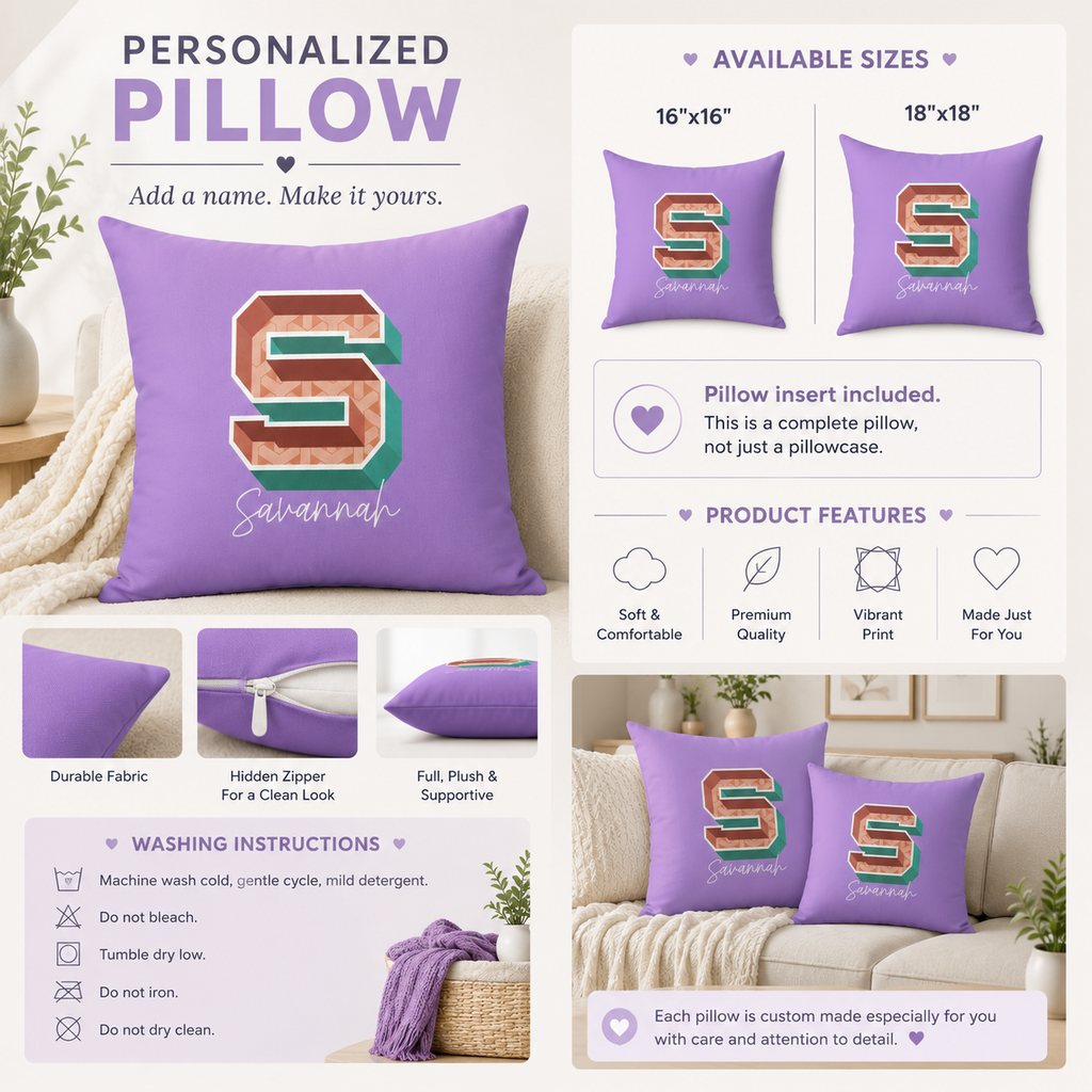 Custom name S pillow for her script detail
