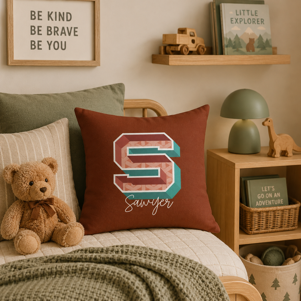 Initial S pillow for him front view dark background