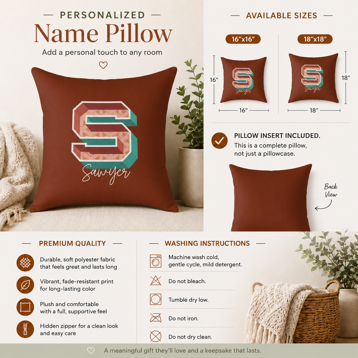 Custom name S pillow for him script detail