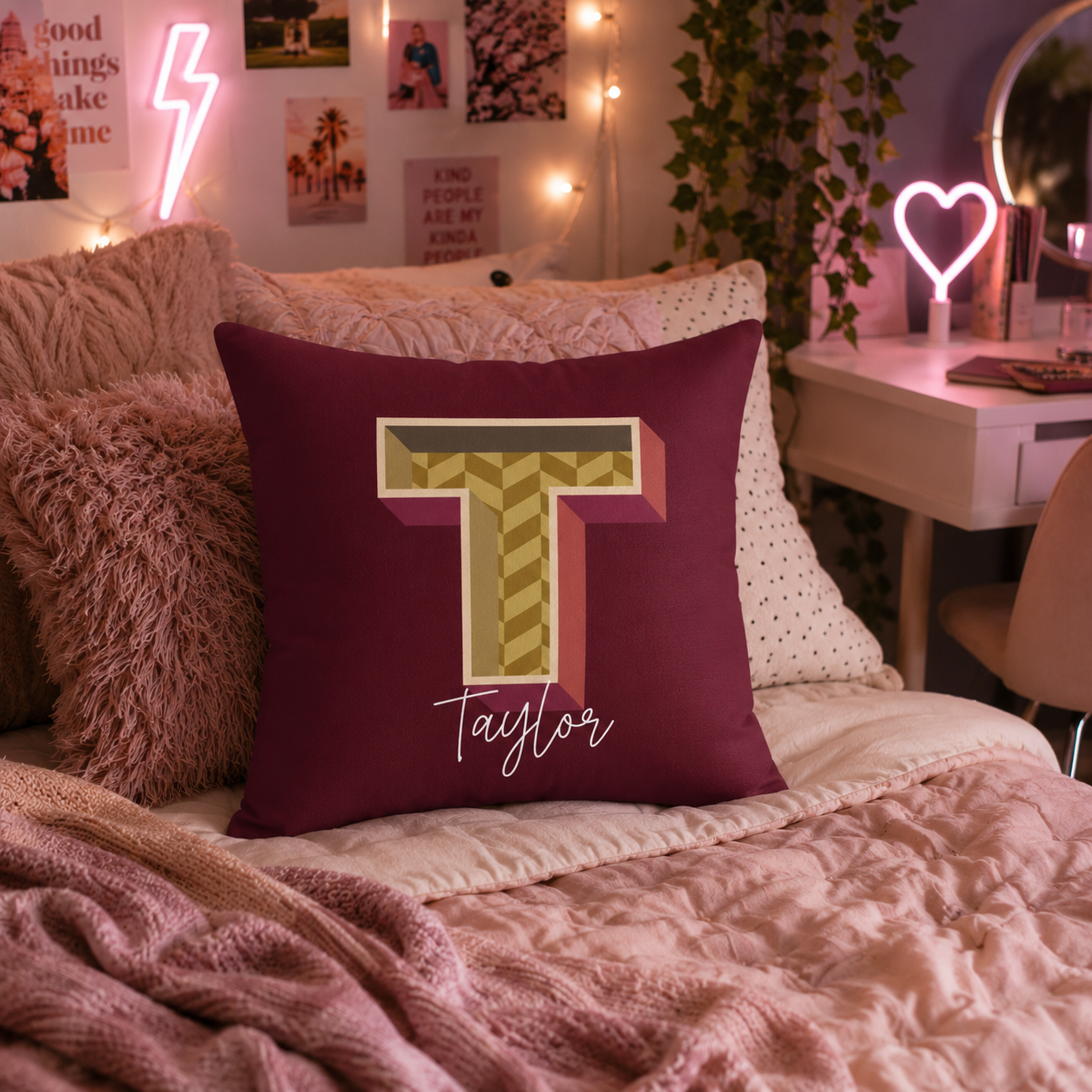 Initial T pillow for her front view rose background