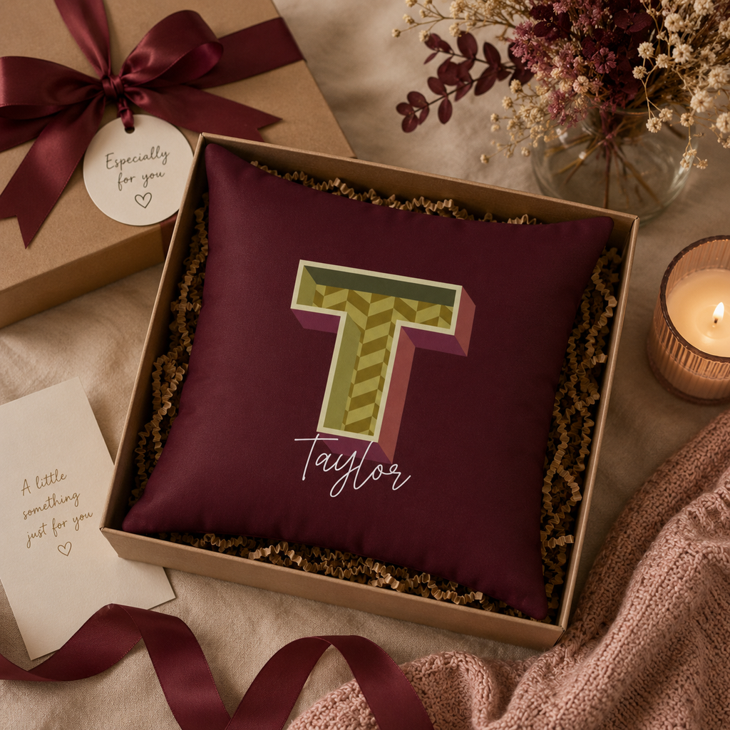 Close-up retro T initial burgundy teal pattern