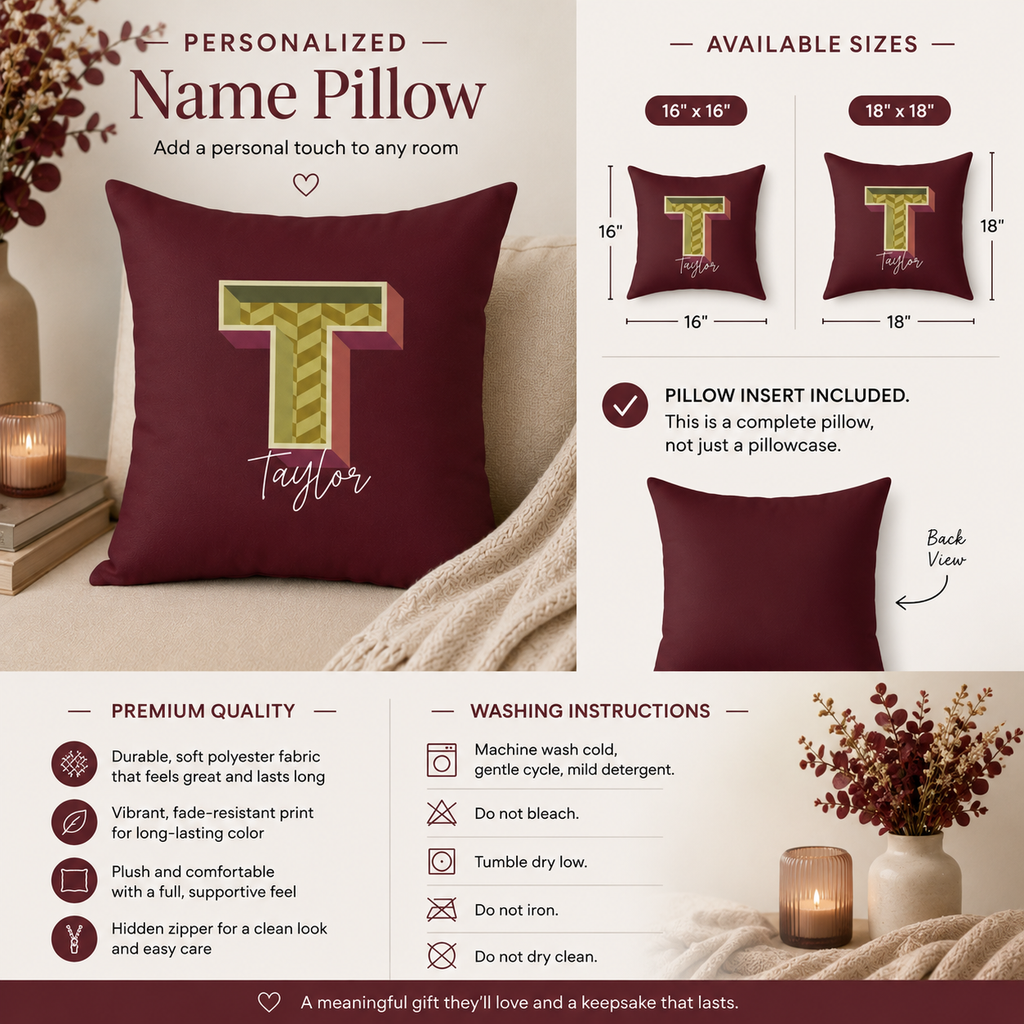 Custom name T pillow for her script detail