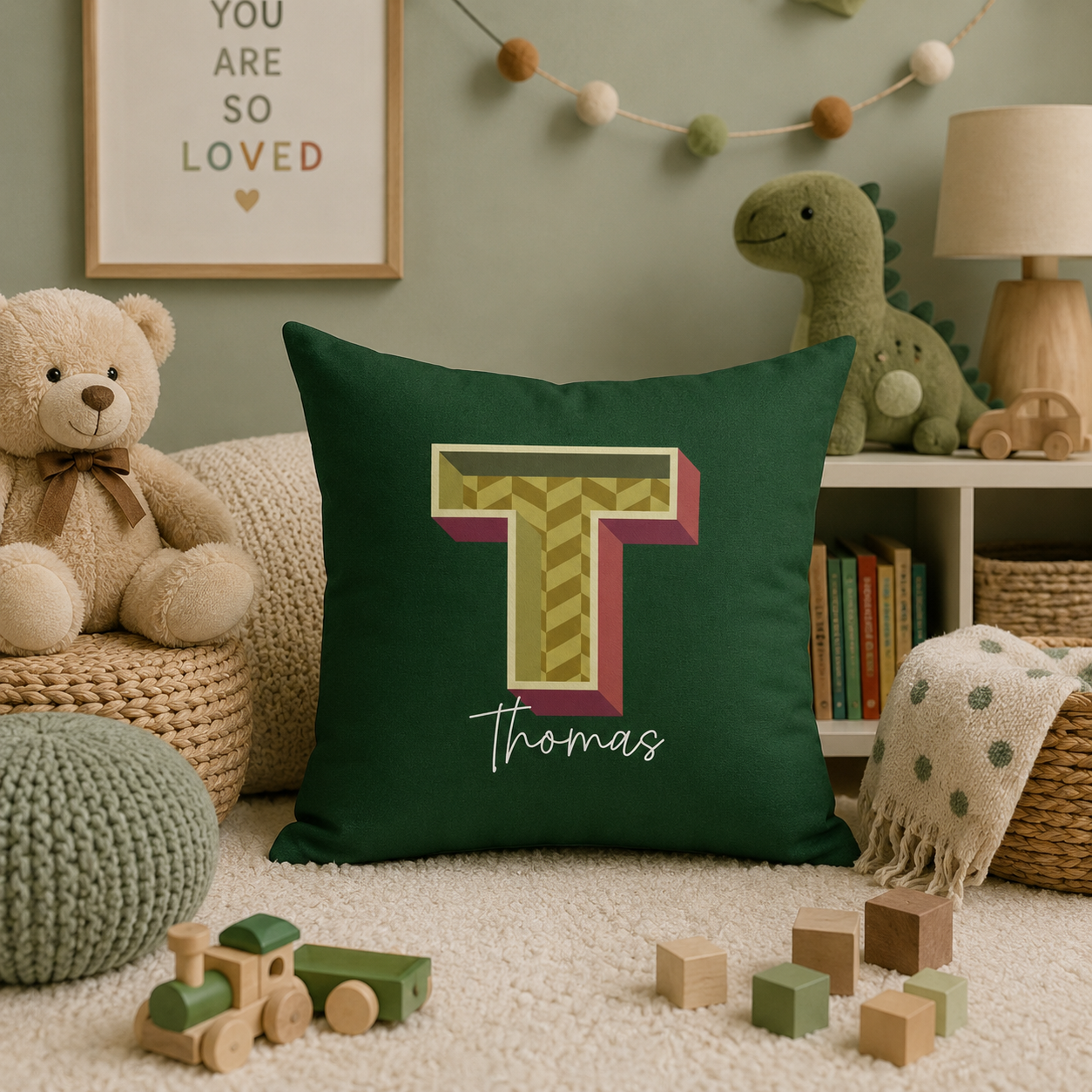 Initial T pillow for him front view dark background
