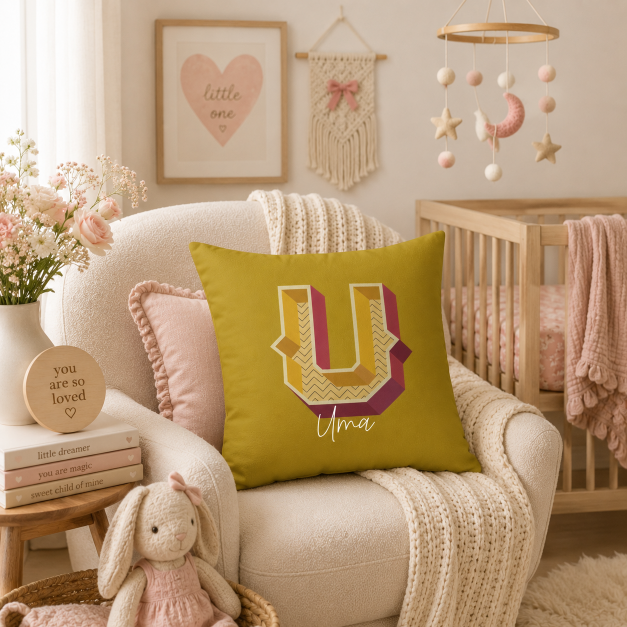 Initial U pillow for her front view rose background