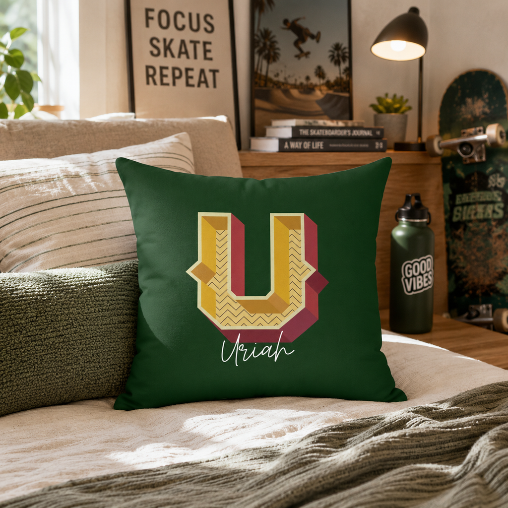 Initial U pillow for him front view dark background