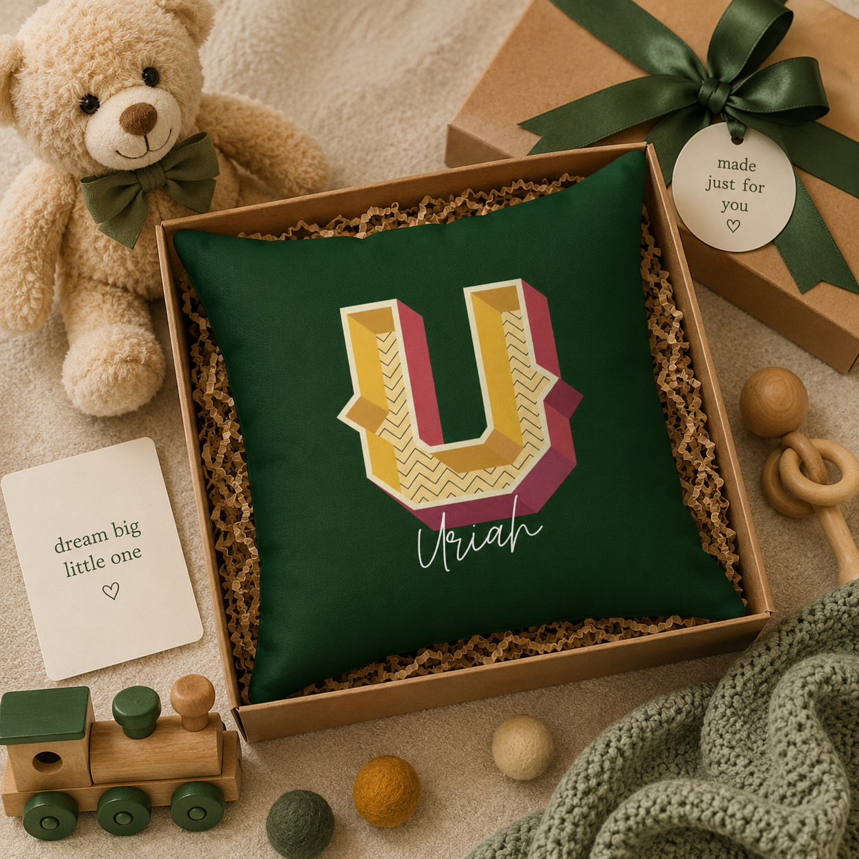 Close-up retro U initial gold crimson pattern