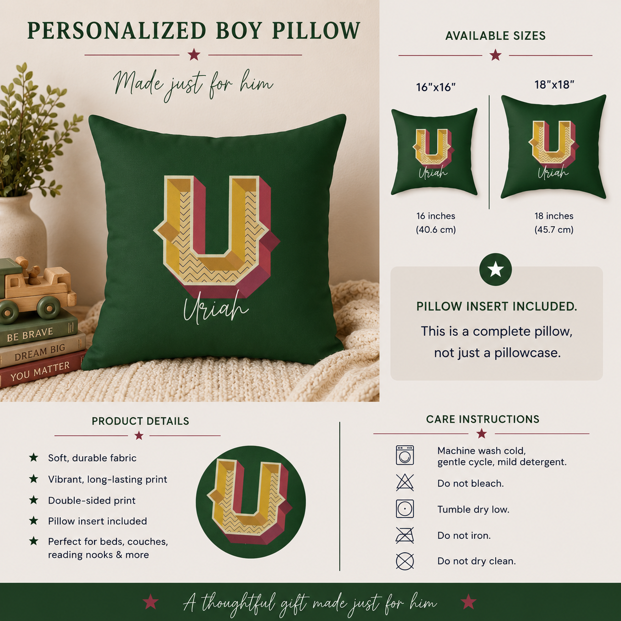 Custom name U pillow for him script detail