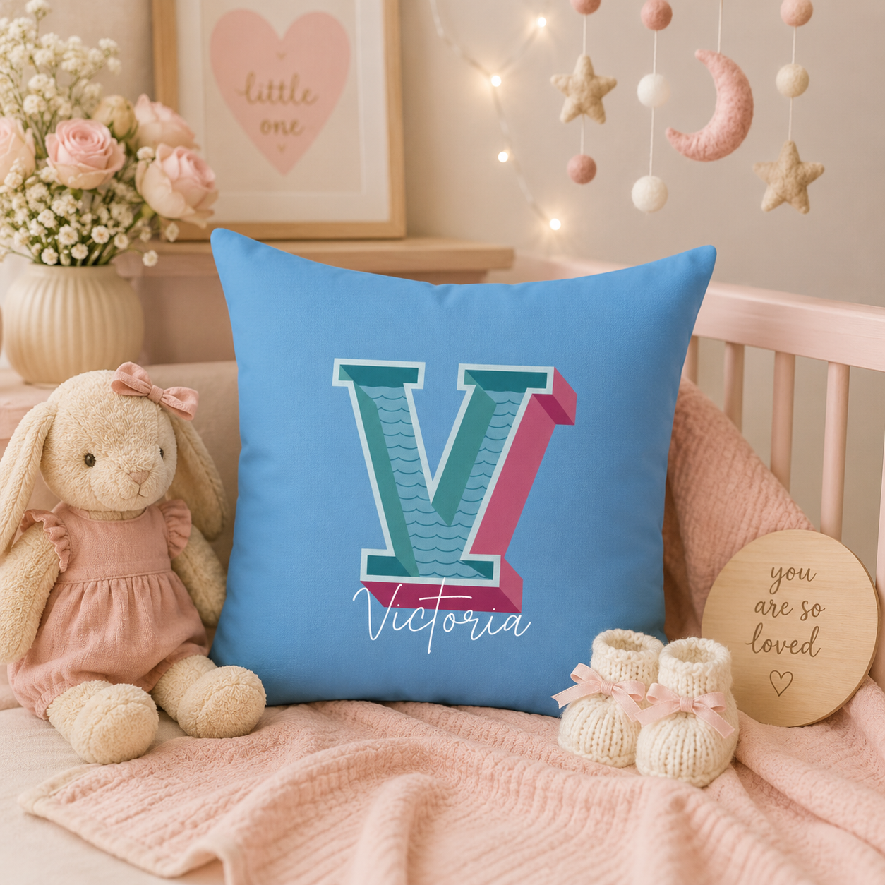 Initial V pillow for her front view rose background