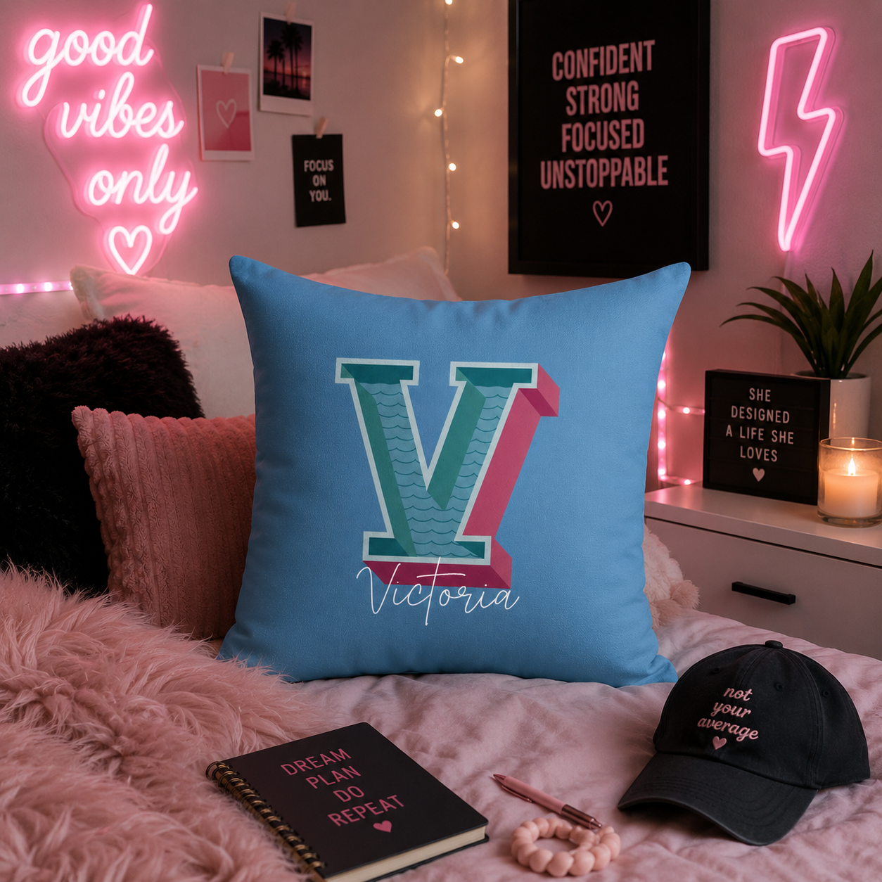 Personalized V pillow for her bedroom lifestyle