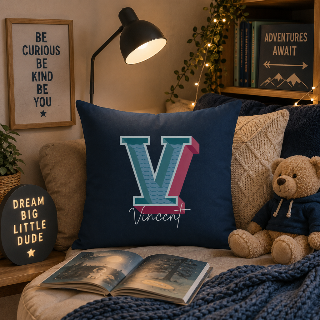 Initial V pillow for him front view dark background
