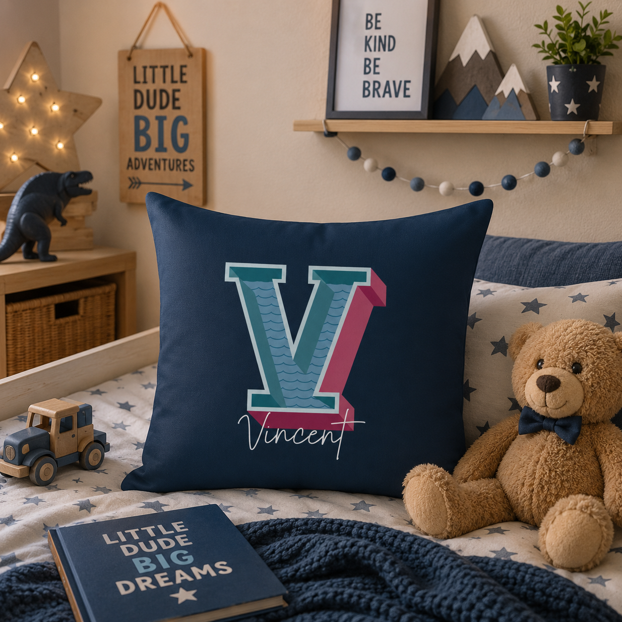 Personalized V pillow for him bedroom lifestyle