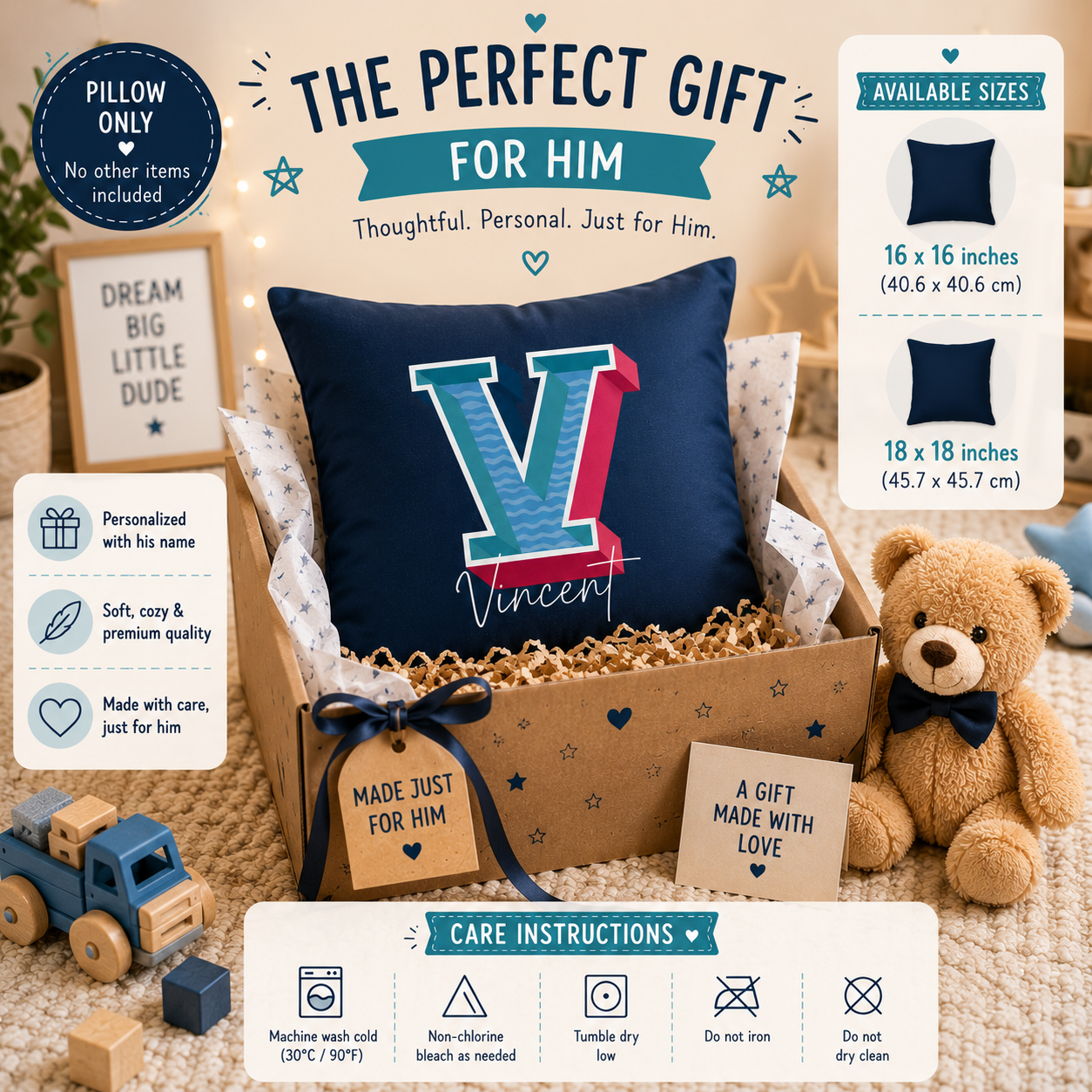 V pillow for him back view double-sided print