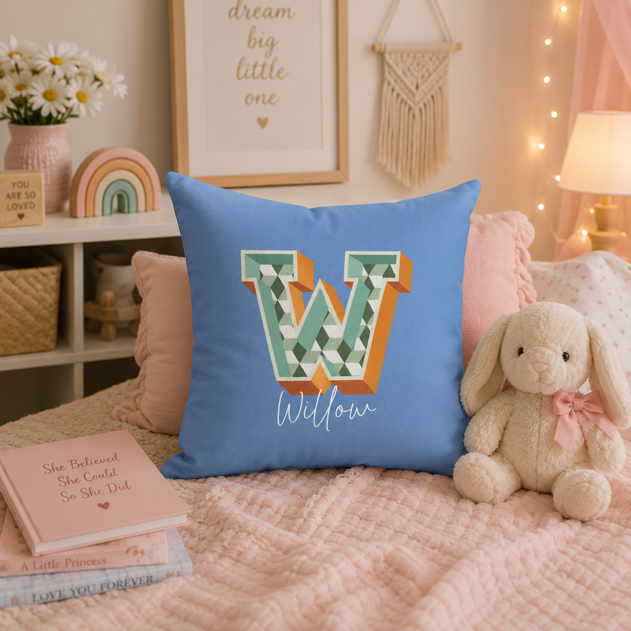 Initial W pillow for her front view rose background
