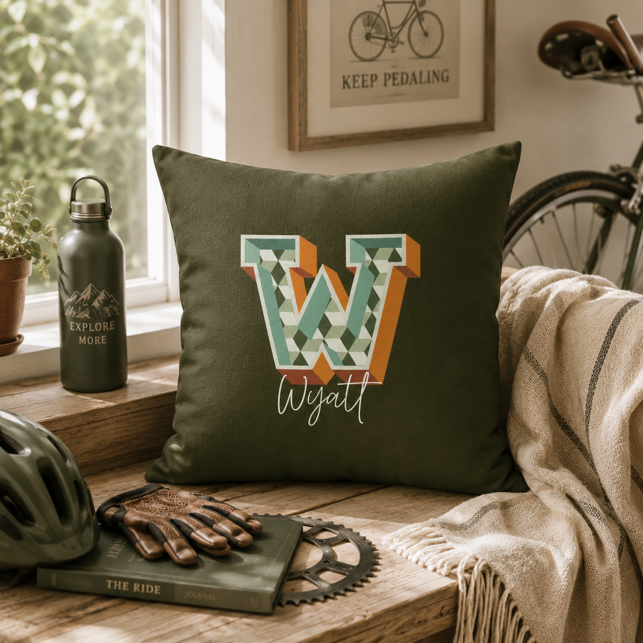 Initial W pillow for him front view dark background