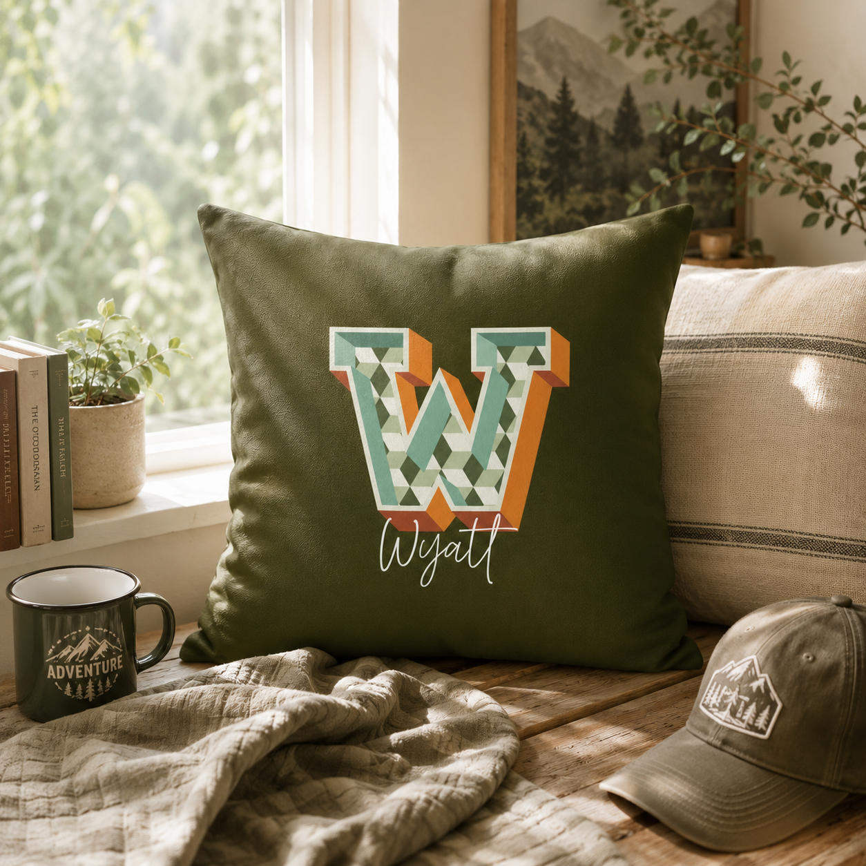 Personalized W pillow for him bedroom lifestyle