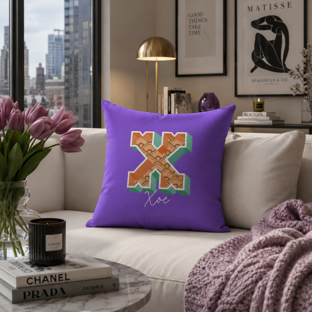 Initial X pillow for her front view rose background