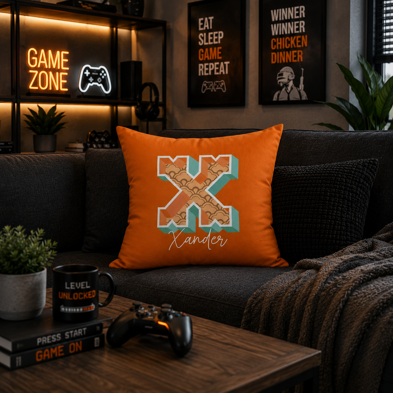 Initial X pillow for him front view dark background