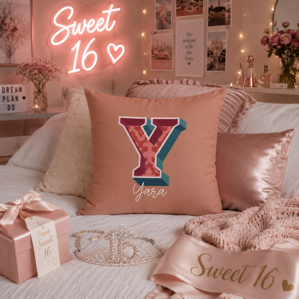 Initial Y pillow for her front view rose background
